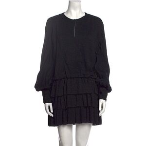 Saint Laurent Black YSL Mini Ruffle Dress w Drop Waist Floral Sz 42